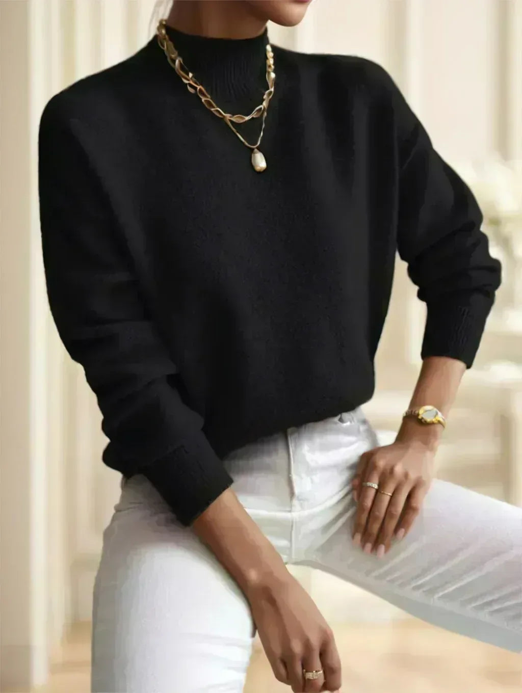 A Solid-color Long-sleeved Top With A High Neckline For Ladies - DanaFashionstore
