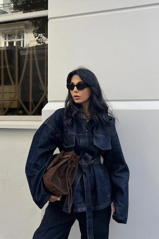 Women's Retro Waist Lace-up Waist-controlled Lapel Denim Coat Trousers Set