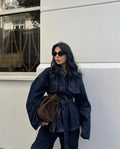 Women's Retro Waist Lace-up Waist-controlled Lapel Denim Coat Trousers Set