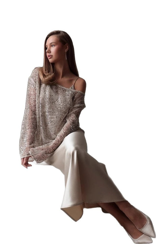 European And American Long Sleeve Hollow Loose Pullover Sequined Top Women's Clothing