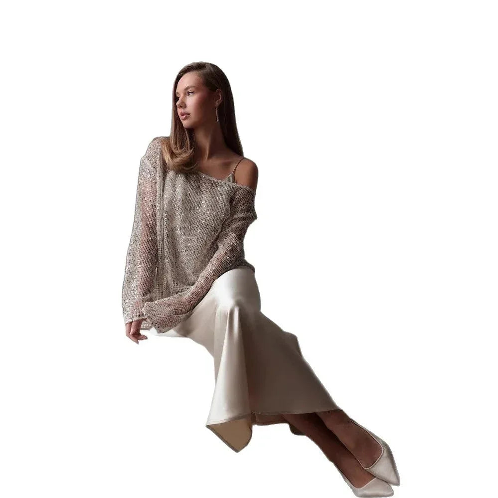 European And American Long Sleeve Hollow Loose Pullover Sequined Top Women's Clothing - DanaFashionstore