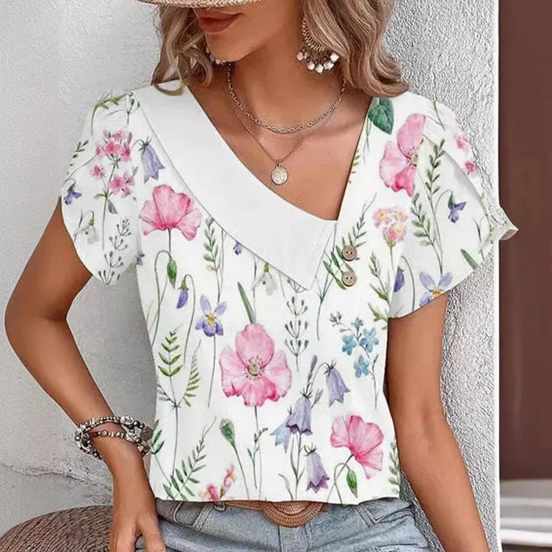 Casual Diagonal Collar Short-sleeved T-shirt - DanaFashionstore