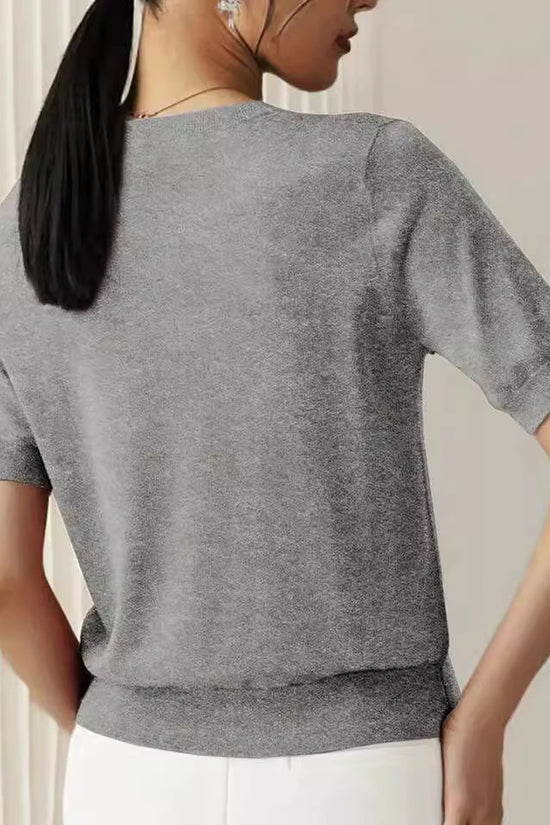 Simple Niche Round Neck Solid Color French Short Sleeve Sweater Sweater