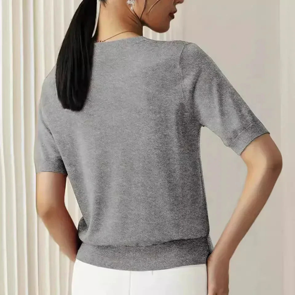 Simple Niche Round Neck Solid Color French Short Sleeve Sweater Sweater - DanaFashionstore