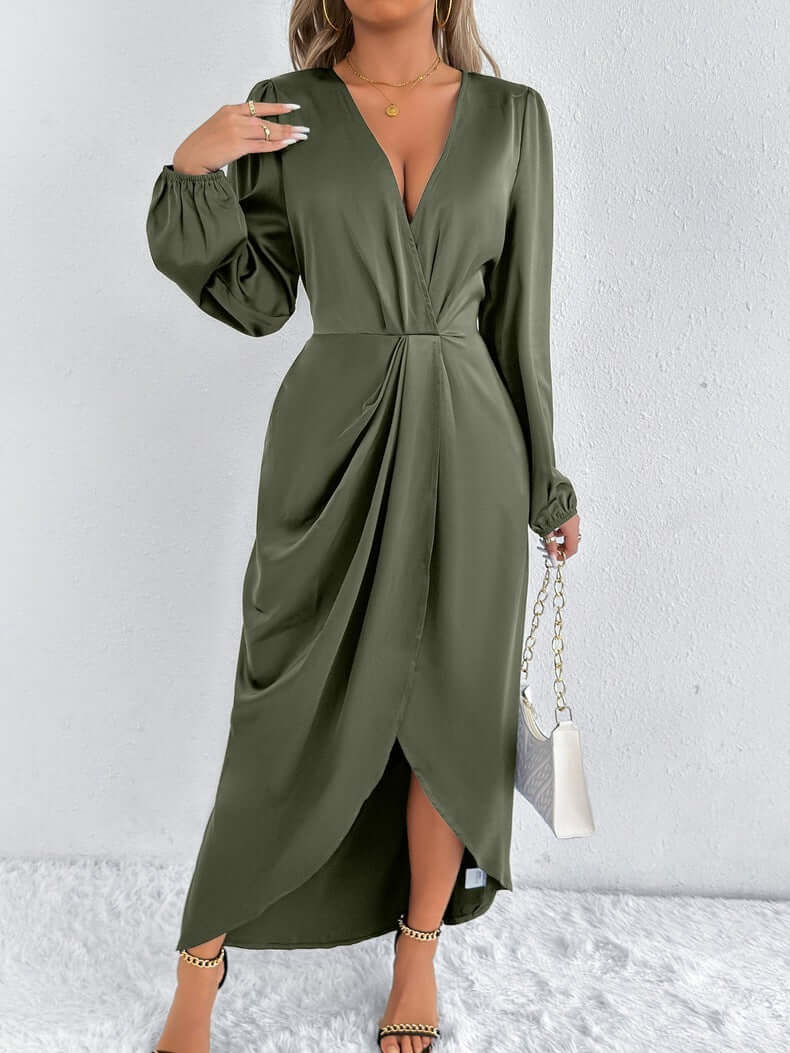 Satin European And American Style Dress High-grade $47.06 Dana Fashion Color: Green Size: L Women's clothing Product information: Color: khaki, Brown, Army Green, Rose Red, green, orange, pink, blue Waist type: high waist Size: XS,S,M,L,XL,XXL Sleeve type
