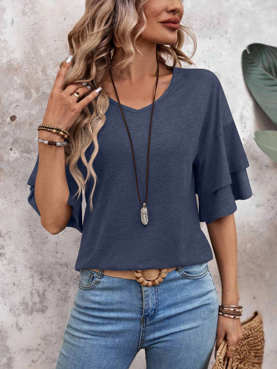 Loose V-neck Ruffle Sleeve T-shirt Fashion Solid Mid-sleeve Tops Women's Clothing