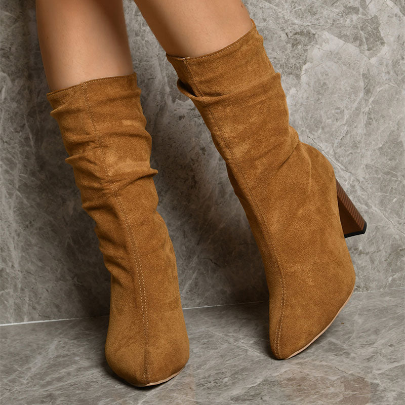 Women's Pointed Toe Block Heel Boots - Winter Suede Mid-Calf Boots