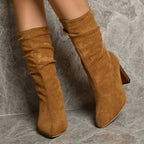 Women's Pointed Toe Block Heel Boots - Winter Suede Mid-Calf Boots