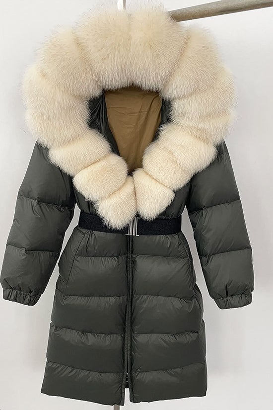 Women's Long Cinched Hoodie Real Fox Fur Collar Coat