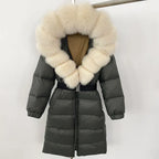 Women's Long Cinched Hoodie Real Fox Fur Collar Coat 2026 - Winter Jacket - DanaFashionstore