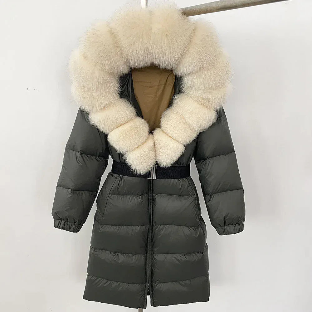 Women's Long Cinched Hoodie Real Fox Fur Collar Coat 2026 - Winter Jacket - DanaFashionstore