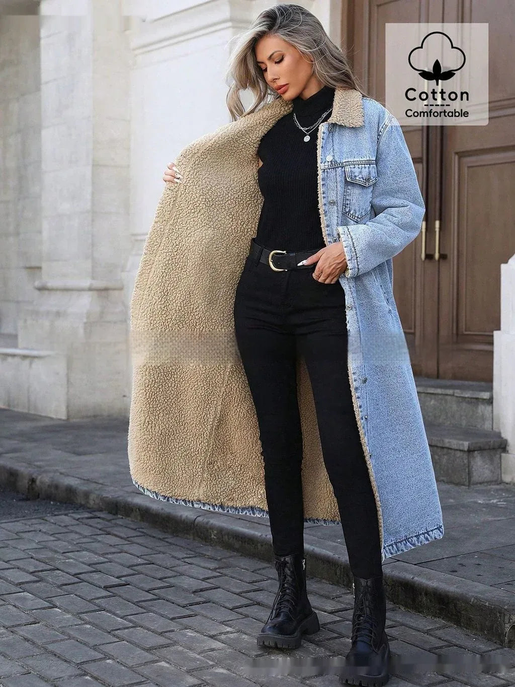 Womens Loose, Long, Fleece-lined Cotton Denim Jacket - DanaFashionstore
