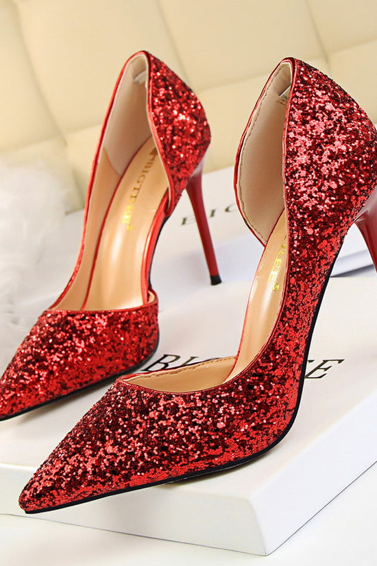 Skinny Women's Shoes Stiletto Heel Shallow Mouth Pointed Side Hollow-out Sequin