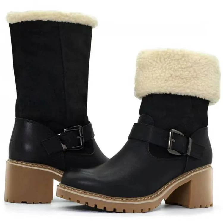 Fashion Boots With Buckle Chunky Heel Shoes Warm Winter Round Toe Western Boots For Women - DanaFashionstore