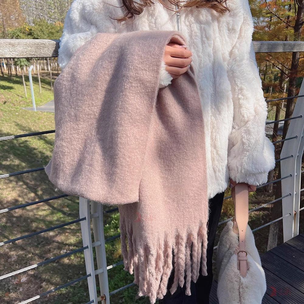 Macaron Solid Color Thick Braid Tassel Shawl - DanaFashionstore