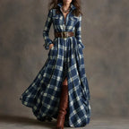 Ins Plaid Print Long-Sleeved Dress Fashion Pockets Collared Buttons Shirt Long Dresses Retro Women's Clothing - DanaFashionstore