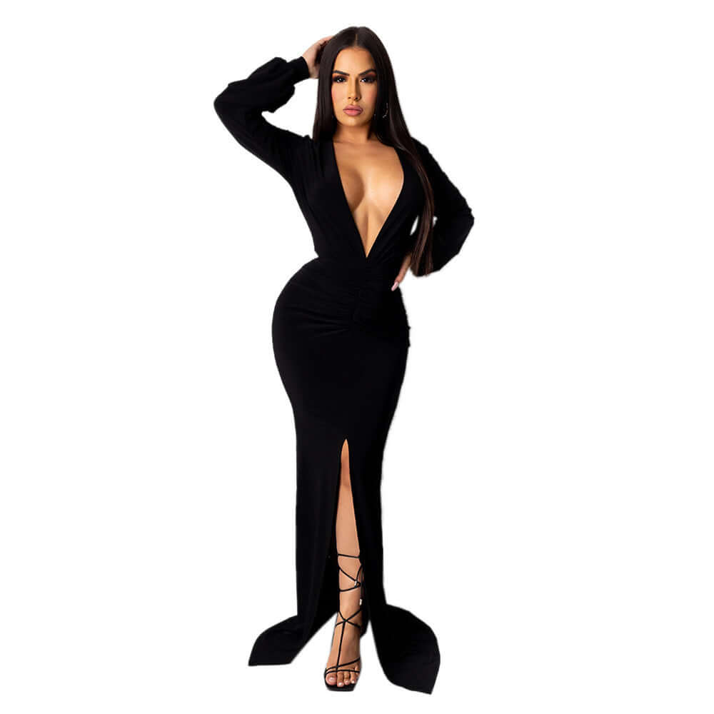 Women's Large V-neck Slim-fit Nightclub Evening Dress $36.56 Dana Fashion Color: Black Size: L Women's clothing Product information: Color: yellow, orange, red, black Waist type: high waist Size: S,M,L,XL,XXL Sleeve type: regular sleeve Main fabric compos