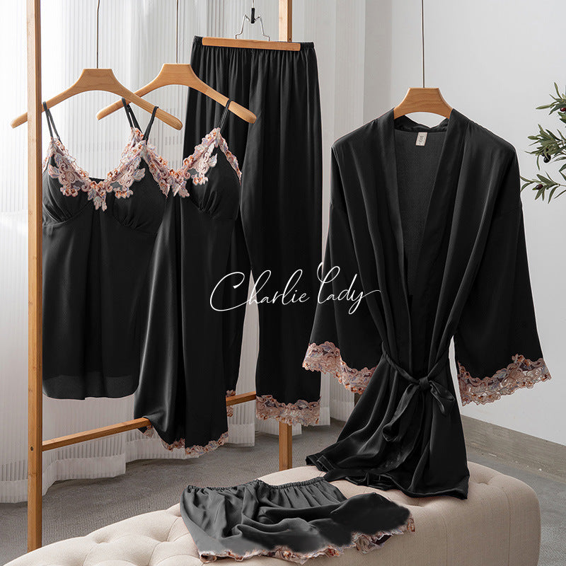 Ice Silk Sexy Slip Nightdress Silk Satin Nightgown With Chest Pad Five-piece Suit Homewear - Dana Fashion