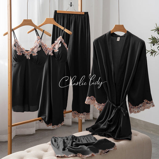 Ice Silk Sexy Slip Nightdress Silk Satin Nightgown With Chest Pad Five-piece Suit Homewear - Dana Fashion