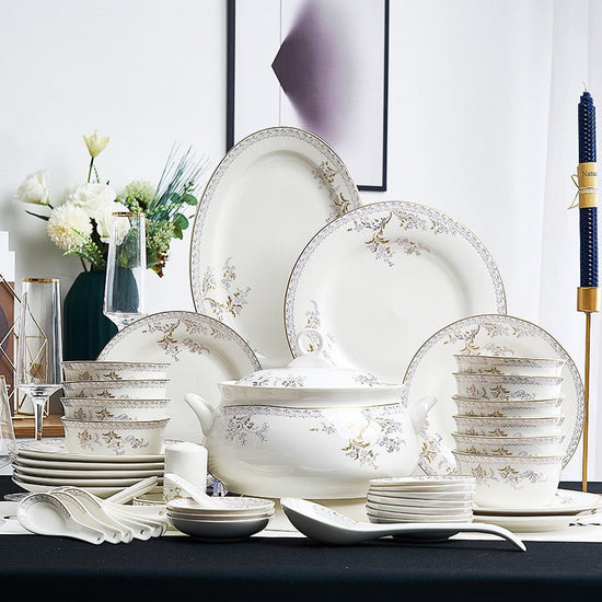 Ceramic Bowls And Saucers Set Bone China Bowls And Plates $54.23 Dana Fashion Color: Aristocratic Family style: 12heads Dana's Kitchen Product information: Material: Porcelain Microwave: available Style: Chinese Pattern: rim Surface technology: overglaze