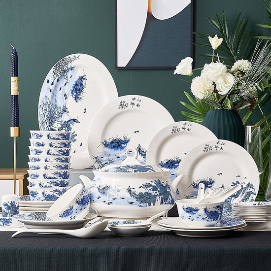 Ceramic Bowls And Saucers Set Bone China Bowls And Plates $54.23 Dana Fashion Color: Jiangnan Water Town style: 12heads Dana's Kitchen Product information: Material: Porcelain Microwave: available Style: Chinese Pattern: rim Surface technology: overglaze