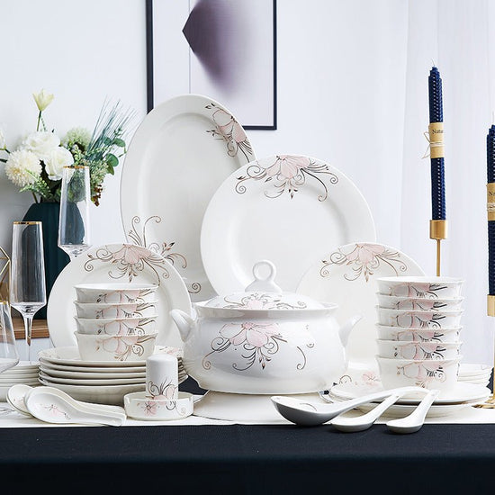 Ceramic Bowls And Saucers Set Bone China Bowls And Plates $54.23 Dana Fashion Color: Aristocratic Family style: 12heads Dana's Kitchen Product information: Material: Porcelain Microwave: available Style: Chinese Pattern: rim Surface technology: overglaze