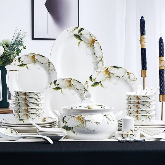 Ceramic Bowls And Saucers Set Bone China Bowls And Plates $54.23 Dana Fashion Color: Lily Love style: 12heads Dana's Kitchen Product information: Material: Porcelain Microwave: available Style: Chinese Pattern: rim Surface technology: overglaze Packing: g