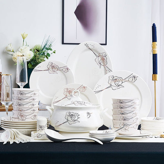 Ceramic Bowls And Saucers Set Bone China Bowls And Plates $54.23 Dana Fashion Color: Eternal rose style: 12heads Dana's Kitchen Product information: Material: Porcelain Microwave: available Style: Chinese Pattern: rim Surface technology: overglaze Packing