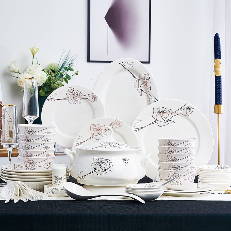 Ceramic Bowls And Saucers Set Bone China Bowls And Plates $54.23 Dana Fashion Color: Eternal rose style: 12heads Dana's Kitchen Product information: Material: Porcelain Microwave: available Style: Chinese Pattern: rim Surface technology: overglaze Packing