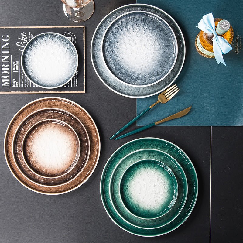 Ceramic Plate, Western Food Plate, Steak Plate $24.07 Dana Fashion Color: Blue Size: 10inches Dana's Kitchen Product information: Material: Ceramic Shape: round Microwave: available Applicable scenes: home, hotel, food Surface technology: underglaze Color