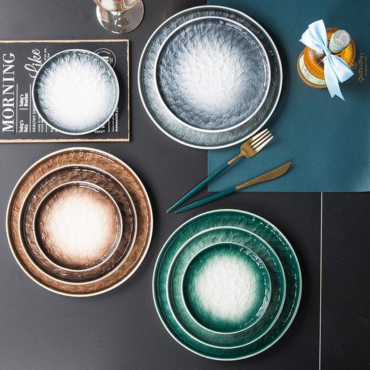 Ceramic Plate, Western Food Plate, Steak Plate $24.07 Dana Fashion Color: Blue Size: 10inches Dana's Kitchen Product information: Material: Ceramic Shape: round Microwave: available Applicable scenes: home, hotel, food Surface technology: underglaze Color