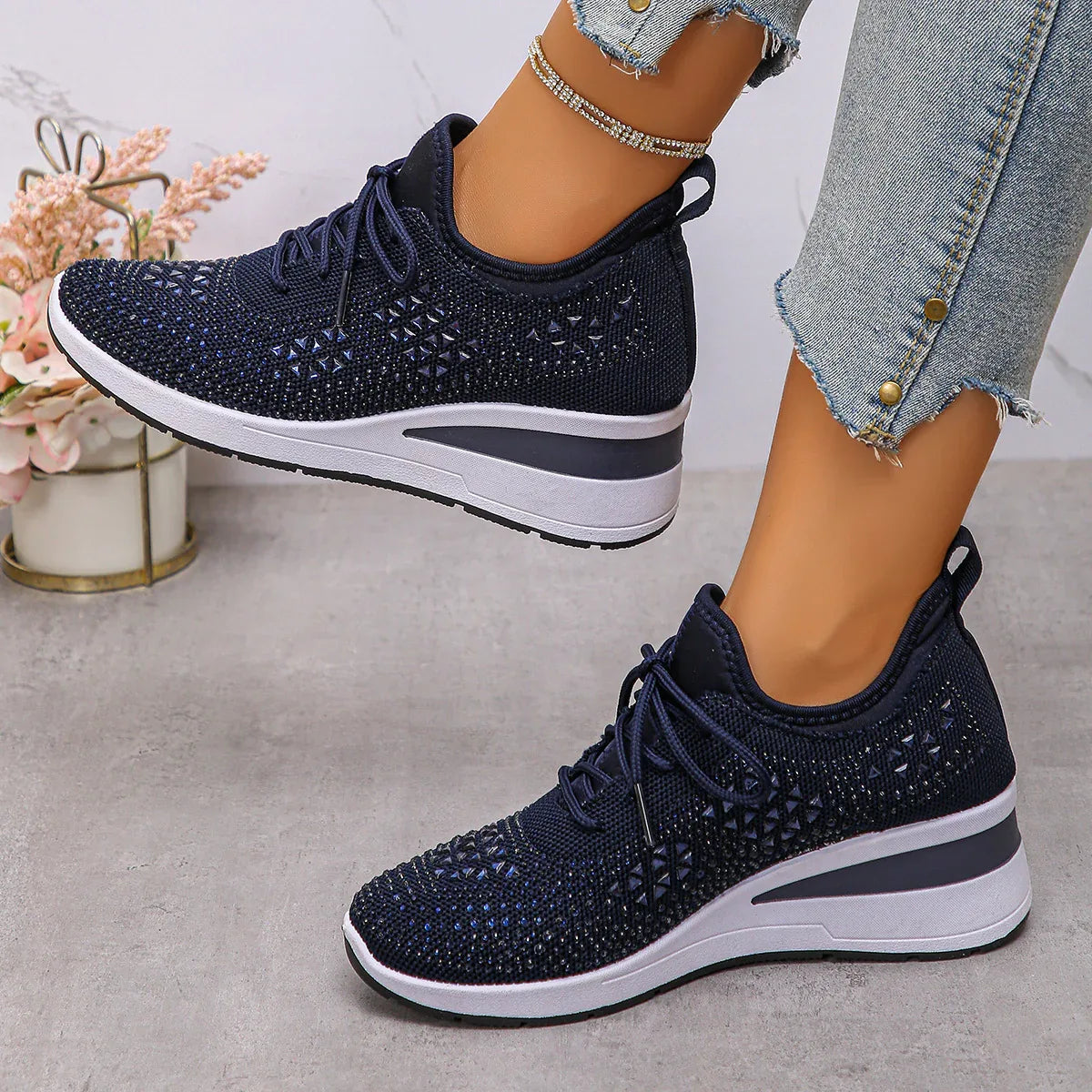 Ins Rhinestone Sneakers Fashion Lace Up Wedges Casual Shoes Women's Daily Commuting Sports Shoes - DanaFashionstore
