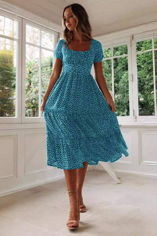 Square Collar Short Sleeve Dress Summer Puff Floral Printed Dress Long Dresses