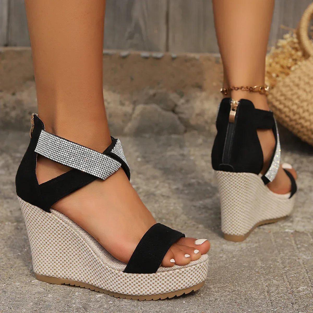 Fish Mouth High Wedges Sandals With Rhinestone Design Fashion Summer Platform Shoes For Women - DanaFashionstore