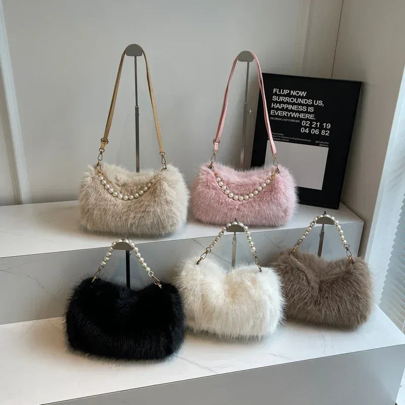 Autumn And Winter Fashion Shoulder Bags Pearl Chain Crossbody Bag Versatile Commuting Armpit Plush Female Bag - DanaFashionstore