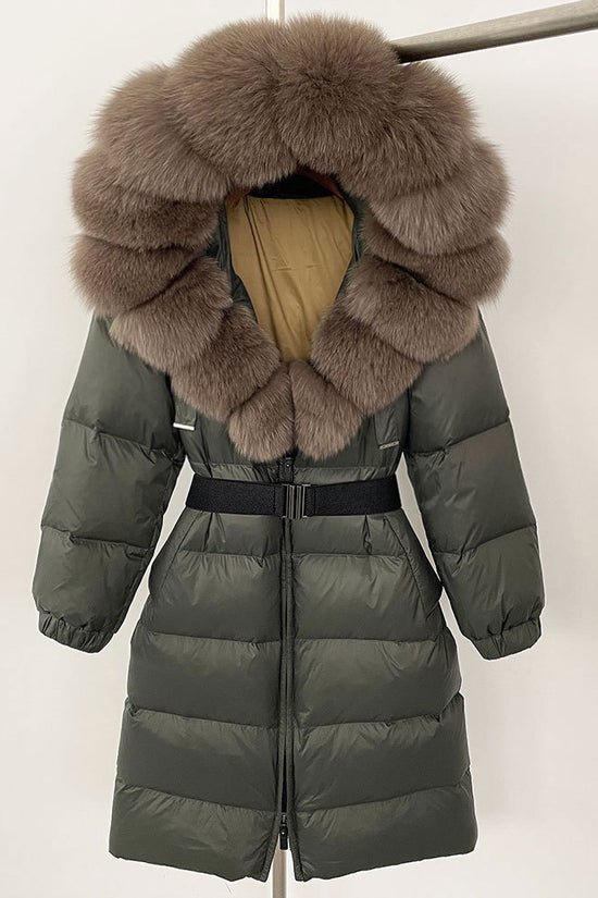 Women's Long Cinched Hoodie Real Fox Fur Collar Coat