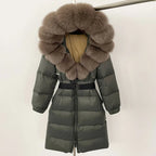 Women's Long Cinched Hoodie Real Fox Fur Collar Coat 2026 - Winter Jacket - DanaFashionstore