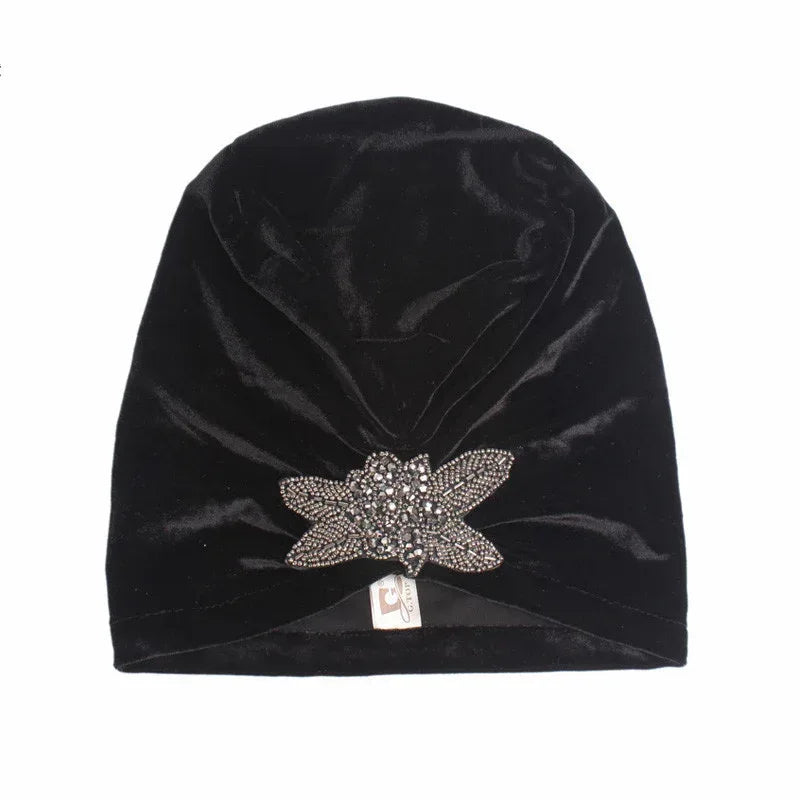 Beaded Flower Accessories Turban Hat Velvet Pleated Hood - DanaFashionstore