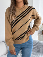 Women Casual Striped Round Neck Lantern Sleeve Long Sleeve Pullover Sweater - DanaFashionstore