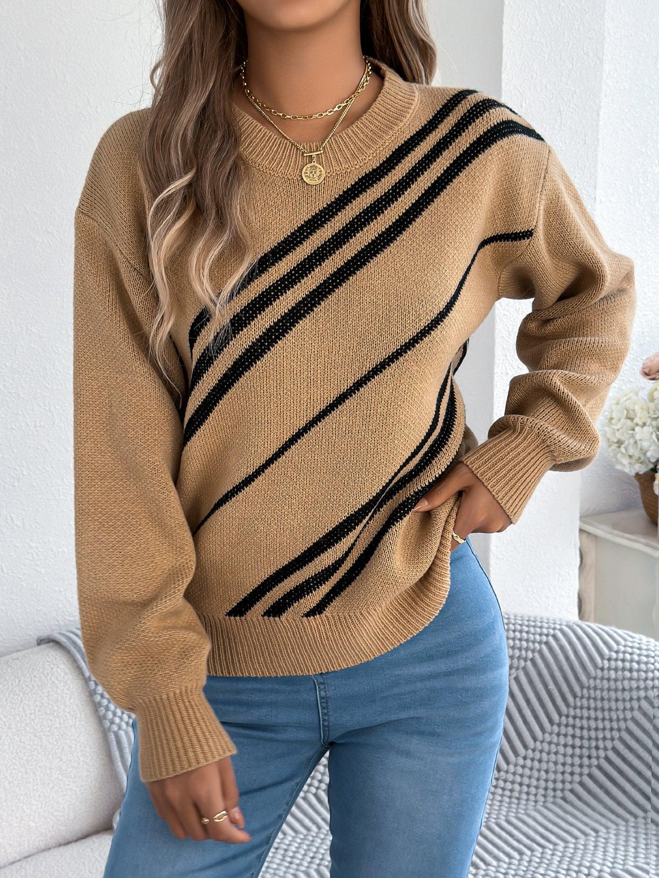 Women Casual Striped Round Neck Lantern Sleeve Long Sleeve Pullover Sweater - DanaFashionstore