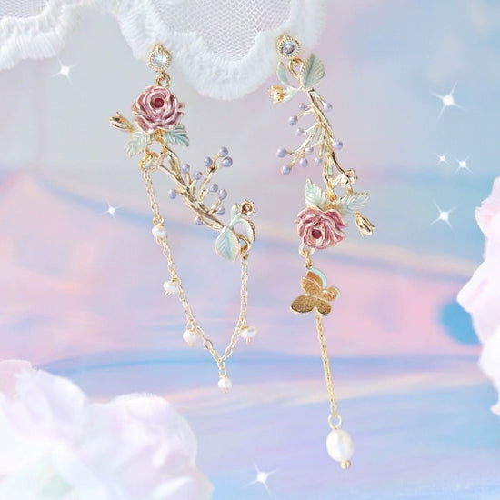 Cherry Blossom Girl Heart Asymmetry Super Fairy Slimming Sweet Earrings $20.00 Dana Fashion Color: Butterfly Winding Flower Women's Accessories Product information: Treatment Process: Electroplating Color: Cherry Blossom, lazy autumn ginkgo cat, four leav