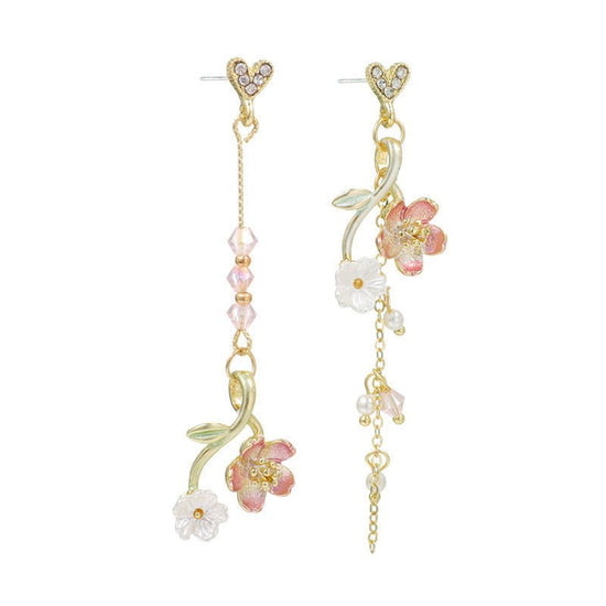 Cherry Blossom Girl Heart Asymmetry Super Fairy Slimming Sweet Earrings $20.00 Dana Fashion Color: Butterfly Winding Flower Women's Accessories Product information: Treatment Process: Electroplating Color: Cherry Blossom, lazy autumn ginkgo cat, four leav
