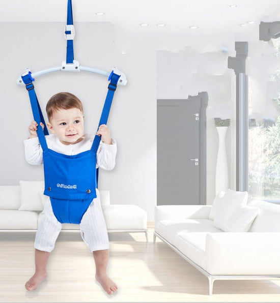 Children's fitness frame bounce fitness equipment $159.41 Dana Fashion Color: blue Baby & Mother Size: length 175cm-200cm adjustable Door clip frame: 43cm Spring: 33-45cm adjustable Puller: 40-68cm adjustable Iron tube beam: 43cm Encircling sitting bag; 6