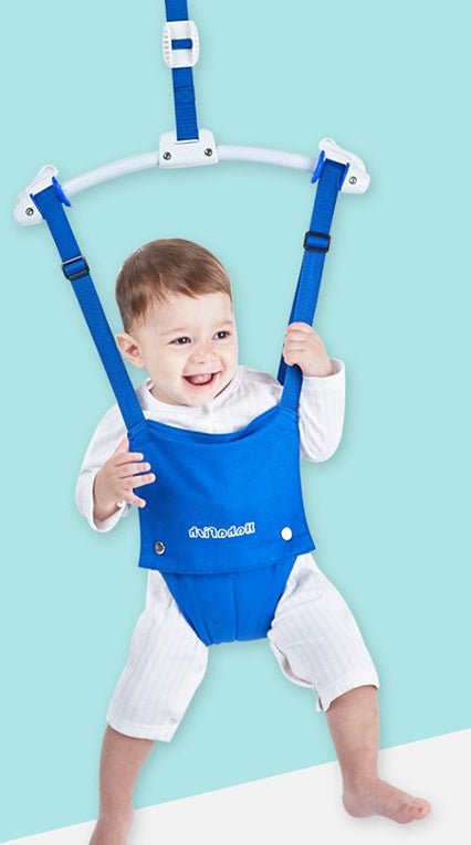 Children's fitness frame bounce fitness equipment $159.41 Dana Fashion Color: blue Baby & Mother Size: length 175cm-200cm adjustable Door clip frame: 43cm Spring: 33-45cm adjustable Puller: 40-68cm adjustable Iron tube beam: 43cm Encircling sitting bag; 6