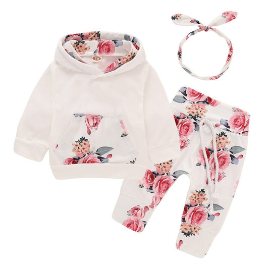 Children's hood printing suit $25.50 Dana Fashion Color: White Size: 100cm Baby Clothing Applicable gender: female Style: European and American Suit type: pants suit Suitable age: newborns (0~1 years old, 80cm and below) Sleeve length: long sleeve Whether