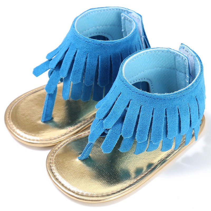 Children's sandals summer new girls sandals wholesale retro tassel flannel baby sandals $17.16 Dana Fashion Color: Blue Size: 11cm Baby & Mother Way of wearing velcro Product Category Sandals pattern: plain For the season: Summer Upper material flannel
