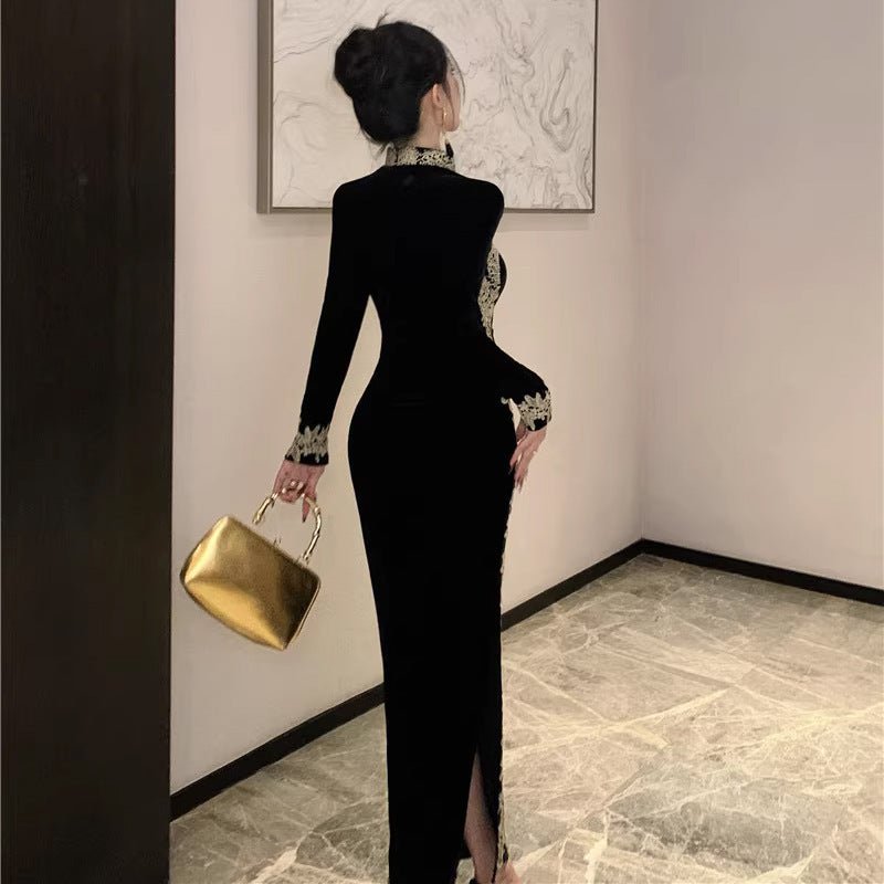 Chinese Lace Patchwork Slit Cheongsam Velvet Dress $49.50 Dana Fashion Color: Black Size: L Women's clothing Product information: Color: Black Sleeve type: regular sleeve Main fabric composition: Polyester Size: S,M,L Style type: artistic retro Sleeve len