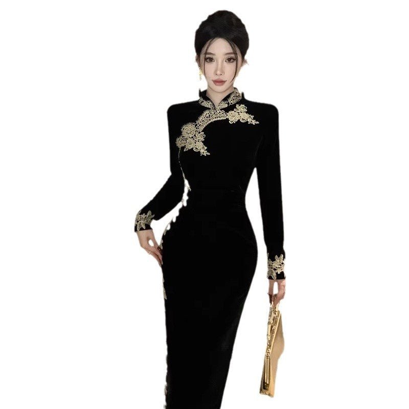 Chinese Lace Patchwork Slit Cheongsam Velvet Dress $49.50 Dana Fashion Color: Black Size: L Women's clothing Product information: Color: Black Sleeve type: regular sleeve Main fabric composition: Polyester Size: S,M,L Style type: artistic retro Sleeve len