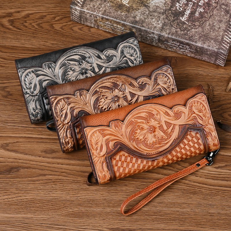 Chinese Style Embossed Wallet Top Layer Long Cowhide Fashion $59.99 Dana Fashion Color: Retro Black Women's Bags Product information: Pattern: Flowers Lining texture: Polyester Applicable scenarios: Daily matching Color: retro brown, retro black, retro co