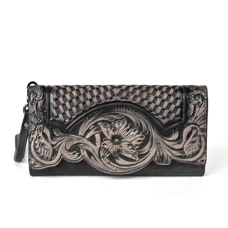 Chinese Style Embossed Wallet Top Layer Long Cowhide Fashion $59.99 Dana Fashion Color: Retro Black Women's Bags Product information: Pattern: Flowers Lining texture: Polyester Applicable scenarios: Daily matching Color: retro brown, retro black, retro co